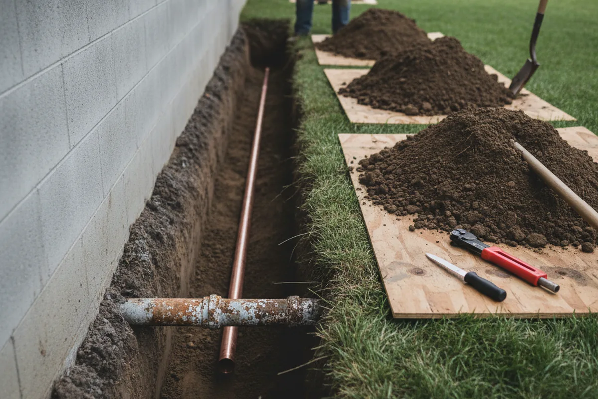 Excavated water line trench during Water Softener Installation in Greenbelt